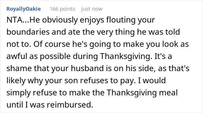 Reddit comment discussing a 16-year-old devouring $70 worth of charcuterie meant for Thanksgiving and repayment issues. Reddit comment discussing a 16-year-old devouring $70 worth of charcuterie meant for Thanksgiving and repayment issues.