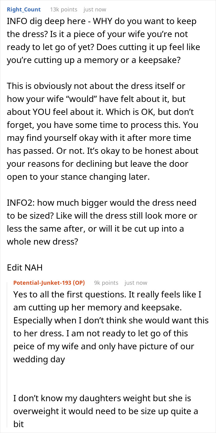 Man Refuses To Let His Late Wife&rsquo;s Wedding Dress Be Cut, Gets Called A Jerk By Family