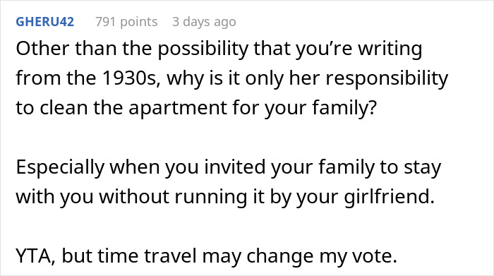 Guy Embarrassed GF Didn’t Clean Up For His Parents’ Visit, Gets A Reality Check Online Guy Embarrassed GF Didn’t Clean Up For His Parents’ Visit, Gets A Reality Check Online