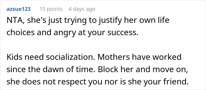 Reddit comment explaining why a stay-at-home mom scolds a mom for daycare, emphasizing socialization and respect. Reddit comment explaining why a stay-at-home mom scolds a mom for daycare, emphasizing socialization and respect.