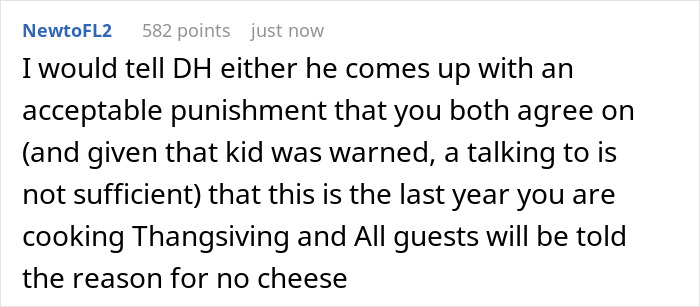 Online forum comment discussing punishment after a teen devours $70 worth of charcuterie meant for Thanksgiving. Online forum comment discussing punishment after a teen devours $70 worth of charcuterie meant for Thanksgiving.