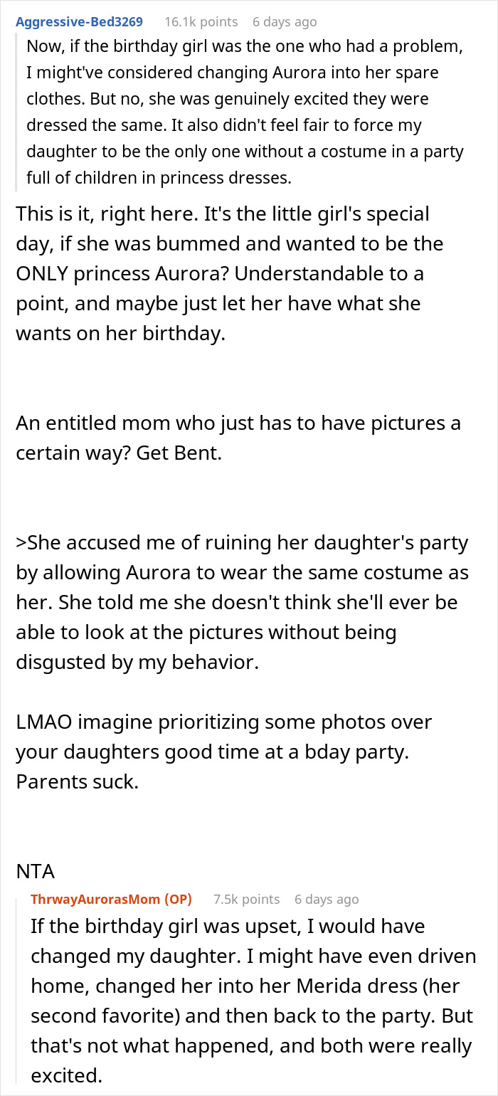 Screenshot of a discussion where a woman refuses to change her daughter&rsquo;s dress, facing accusations from an entitled mom.