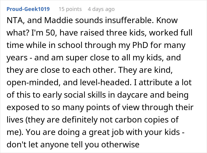 Screenshot of a Reddit comment defending daycare benefits, in a discussion about a SAHM scolding a mom. Screenshot of a Reddit comment defending daycare benefits, in a discussion about a SAHM scolding a mom.