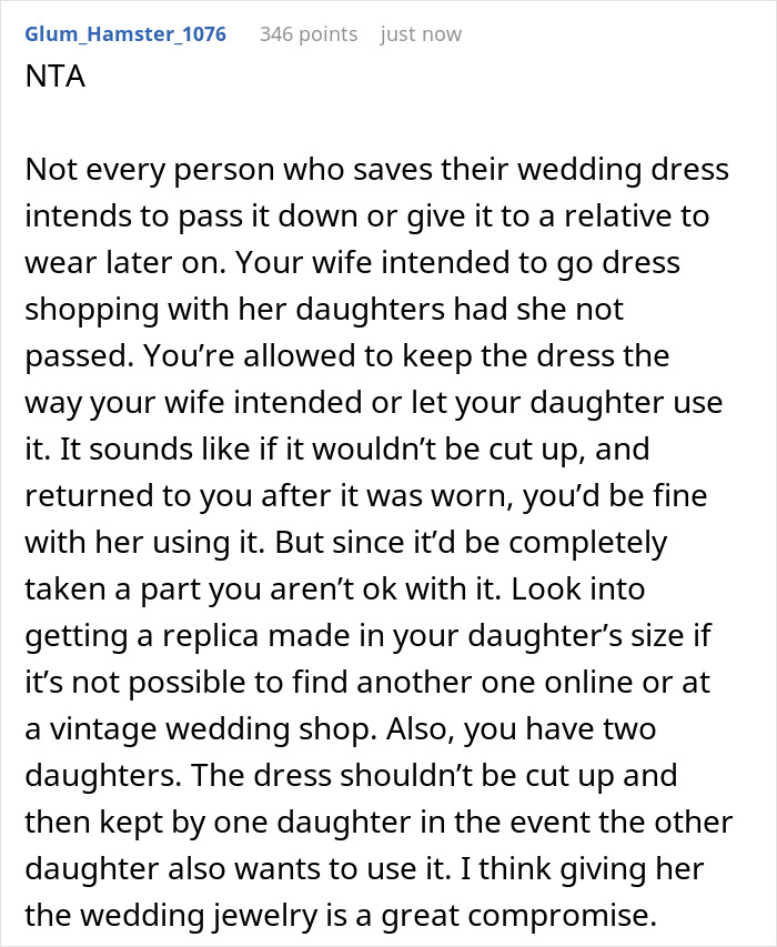 Man Refuses To Let His Late Wife&rsquo;s Wedding Dress Be Cut, Gets Called A Jerk By Family