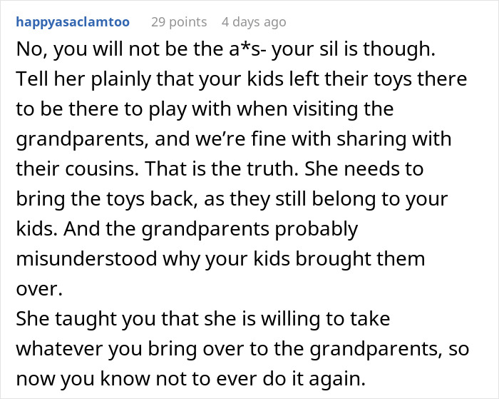 SIL Freaks After Parents Take Back Toys Meant For Everyone That She Poached SIL Freaks After Parents Take Back Toys Meant For Everyone That She Poached