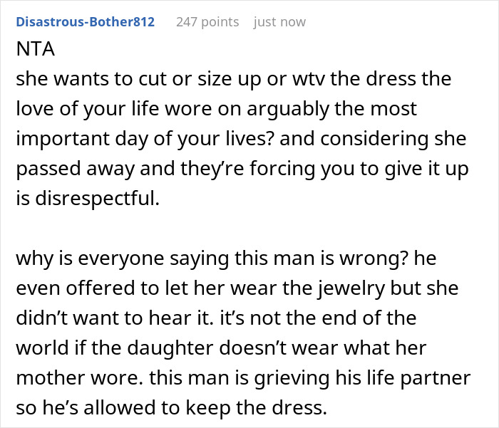Man Refuses To Let His Late Wife&rsquo;s Wedding Dress Be Cut, Gets Called A Jerk By Family