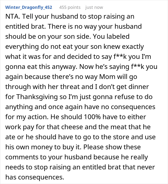 Comment discussing a 16-year-old devouring $70 worth of Thanksgiving charcuterie and the mom demanding repayment. Comment discussing a 16-year-old devouring $70 worth of Thanksgiving charcuterie and the mom demanding repayment.