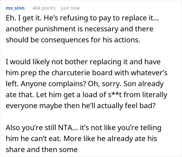 Screenshot of a Reddit comment discussing consequences after a 16-year-old devours $70 worth of Thanksgiving charcuterie. Screenshot of a Reddit comment discussing consequences after a 16-year-old devours $70 worth of Thanksgiving charcuterie.