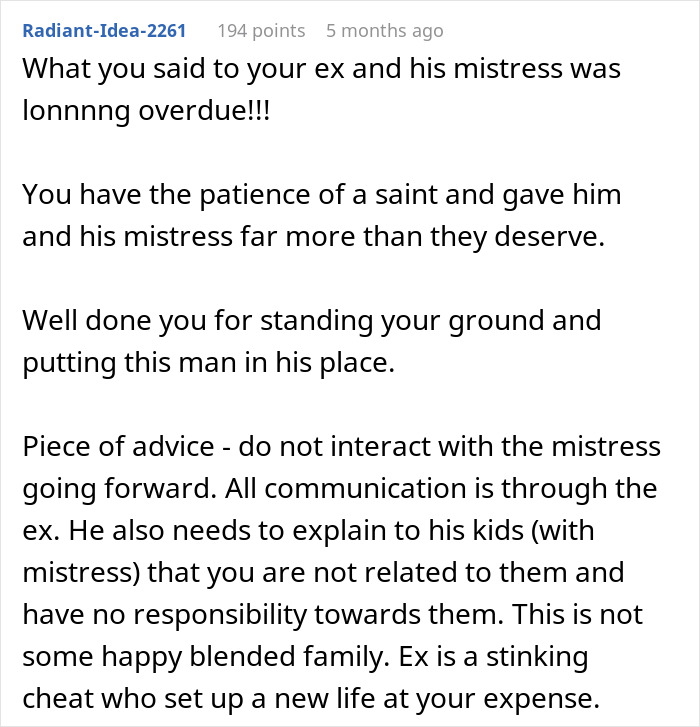 Comment praising woman called greedy witch by ex&rsquo;s mistress for refusing to take her 3 kids on trip to Italy.