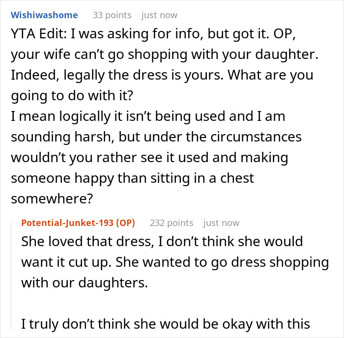 Man Refuses To Let His Late Wife&rsquo;s Wedding Dress Be Cut, Gets Called A Jerk By Family