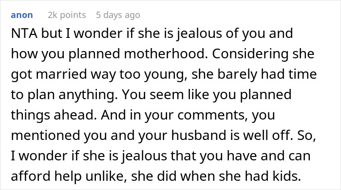Screenshot of a social media comment discussing jealousy and planning motherhood in a SAHM and daycare debate. Screenshot of a social media comment discussing jealousy and planning motherhood in a SAHM and daycare debate.