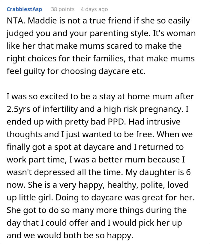 Comment discussing a stay-at-home mom judged for sending kids to daycare, highlighting true friendship and parenting choices. Comment discussing a stay-at-home mom judged for sending kids to daycare, highlighting true friendship and parenting choices.