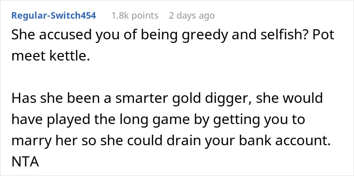 Screenshot of an online comment discussing a lottery winner refusing to share the prize with girlfriend due to demands.