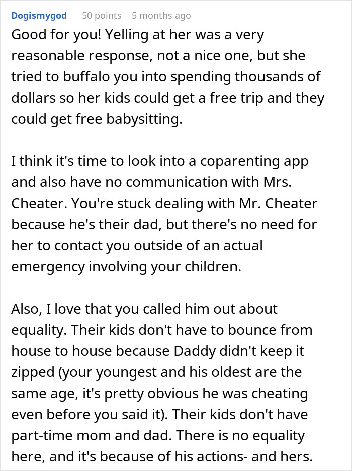 Reddit comment discussing co-parenting conflict involving woman called greedy witch over refusing Italy trip with ex&rsquo;s kids.