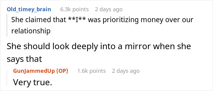 Reddit conversation about a lottery winner refusing to share prize with girlfriend over her demands and ending the relationship.