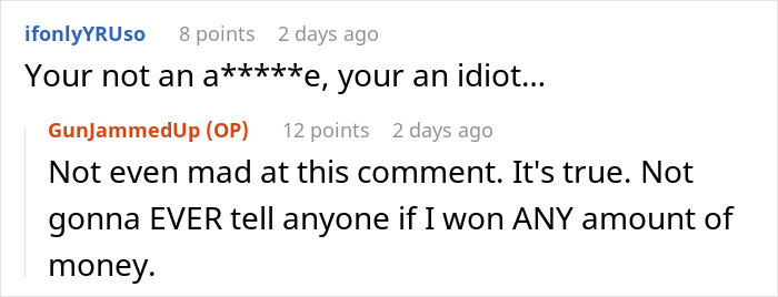 Screenshot of online discussion about a lottery winner refusing to share the prize with girlfriend over her demands.