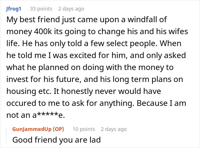 Reddit post discussing a lottery winner refusing to share prize with girlfriend due to her demands and dumping her.