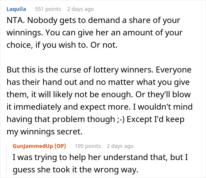 Screenshot of a Reddit conversation discussing a lottery winner refusing to share the prize due to demands from their girlfriend.