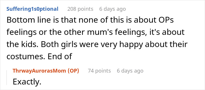 Screenshot of a forum discussion about a woman refusing to change her daughter&rsquo;s dress to satisfy an entitled mom.