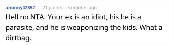 Screenshot of a Reddit comment discussing a woman called greedy witch by ex&rsquo;s mistress for refusing a trip with 3 kids to Italy.