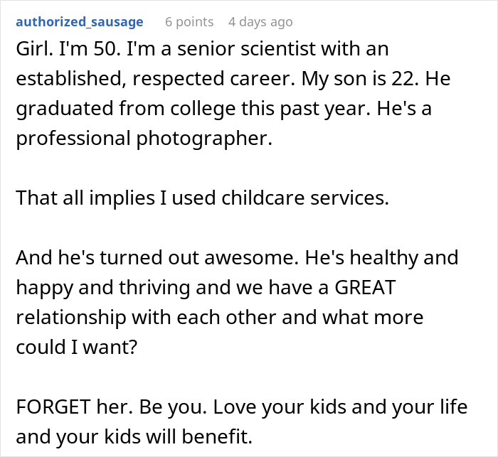 Comment from a senior scientist defending daycare use for kids, highlighting positive outcomes and strong parent-child bonds. Comment from a senior scientist defending daycare use for kids, highlighting positive outcomes and strong parent-child bonds.