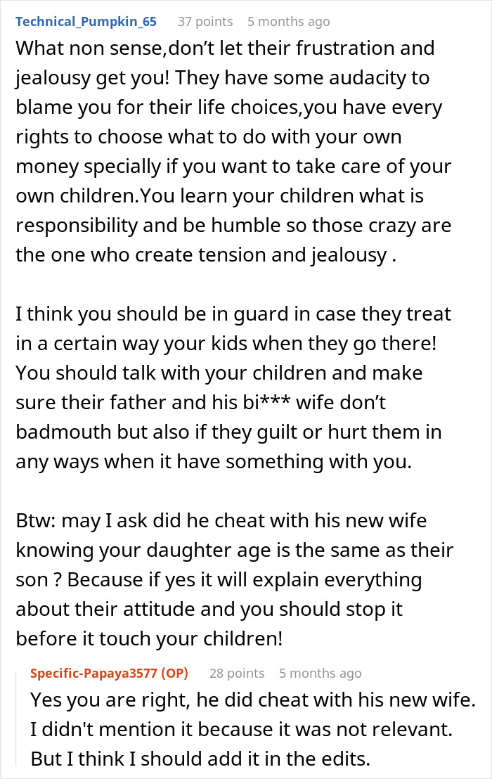 Comment discussing a woman called greedy witch by ex&rsquo;s mistress over refusing to take her 3 kids on an Italy trip.