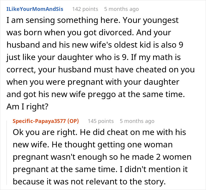 Comment thread discussing a woman called a greedy witch by ex&rsquo;s mistress for refusing to take kids on a trip to Italy.