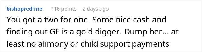 Comment on social media about lottery winner refusing to share prize with girlfriend due to her demands and dumping her.