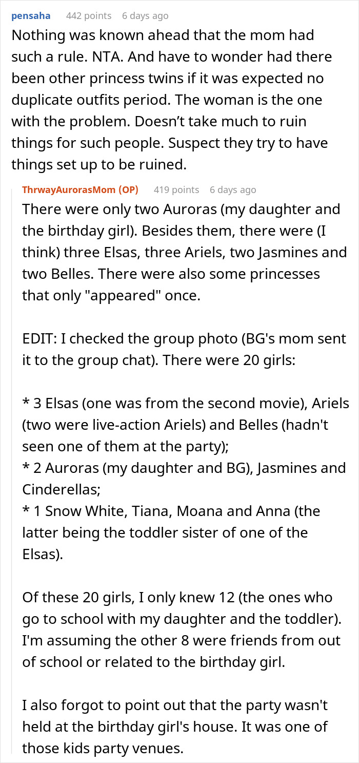 Reddit discussion about a woman refusing to change her daughter&rsquo;s dress, causing conflict with an entitled mom at a birthday party.