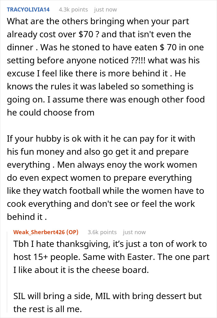 Reddit comments discussing a 16YO eating $70 worth of Thanksgiving charcuterie and contributing to holiday meal preparations. Reddit comments discussing a 16YO eating $70 worth of Thanksgiving charcuterie and contributing to holiday meal preparations.