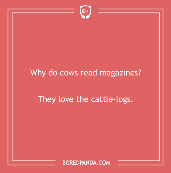 A cow pun joke about cows loving to read cattle-logs, highlighting humor with cow puns and wordplay. - 13