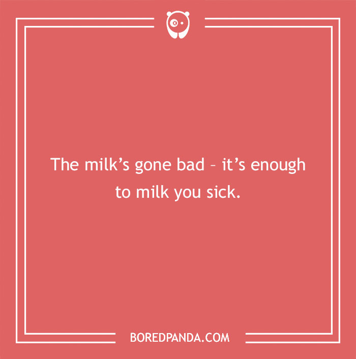 Cow pun on a red background with white text saying the milk’s gone bad it’s enough to milk you sick. - 32