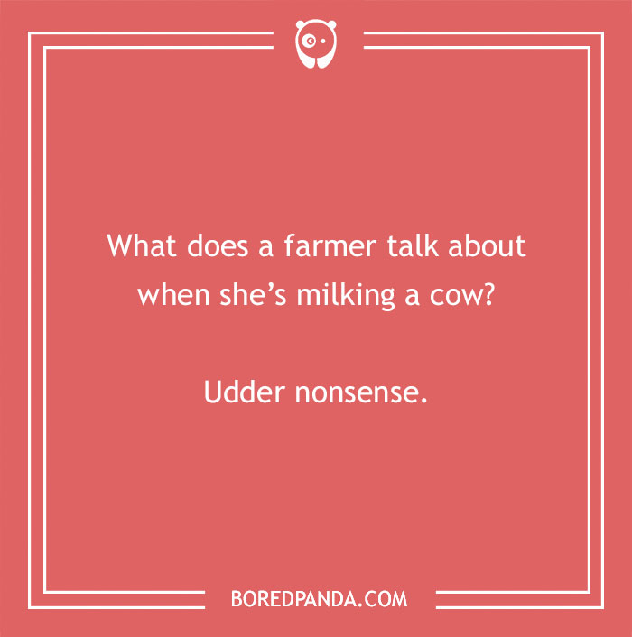 Cow pun joke on a coral background about a farmer talking udder nonsense while milking a cow. - 6