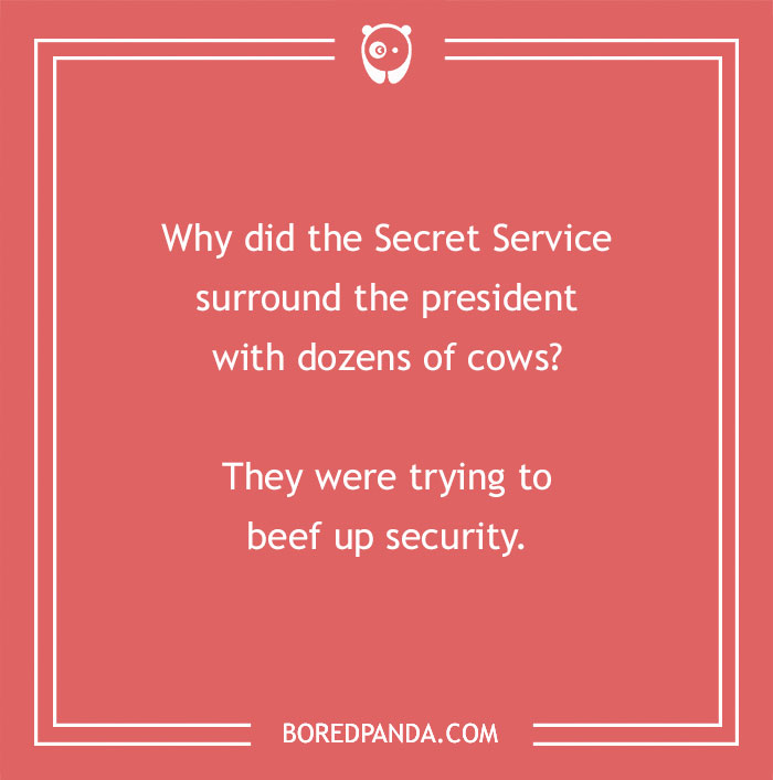Cow pun humor about the Secret Service surrounding the president with cows to beef up security. - 9