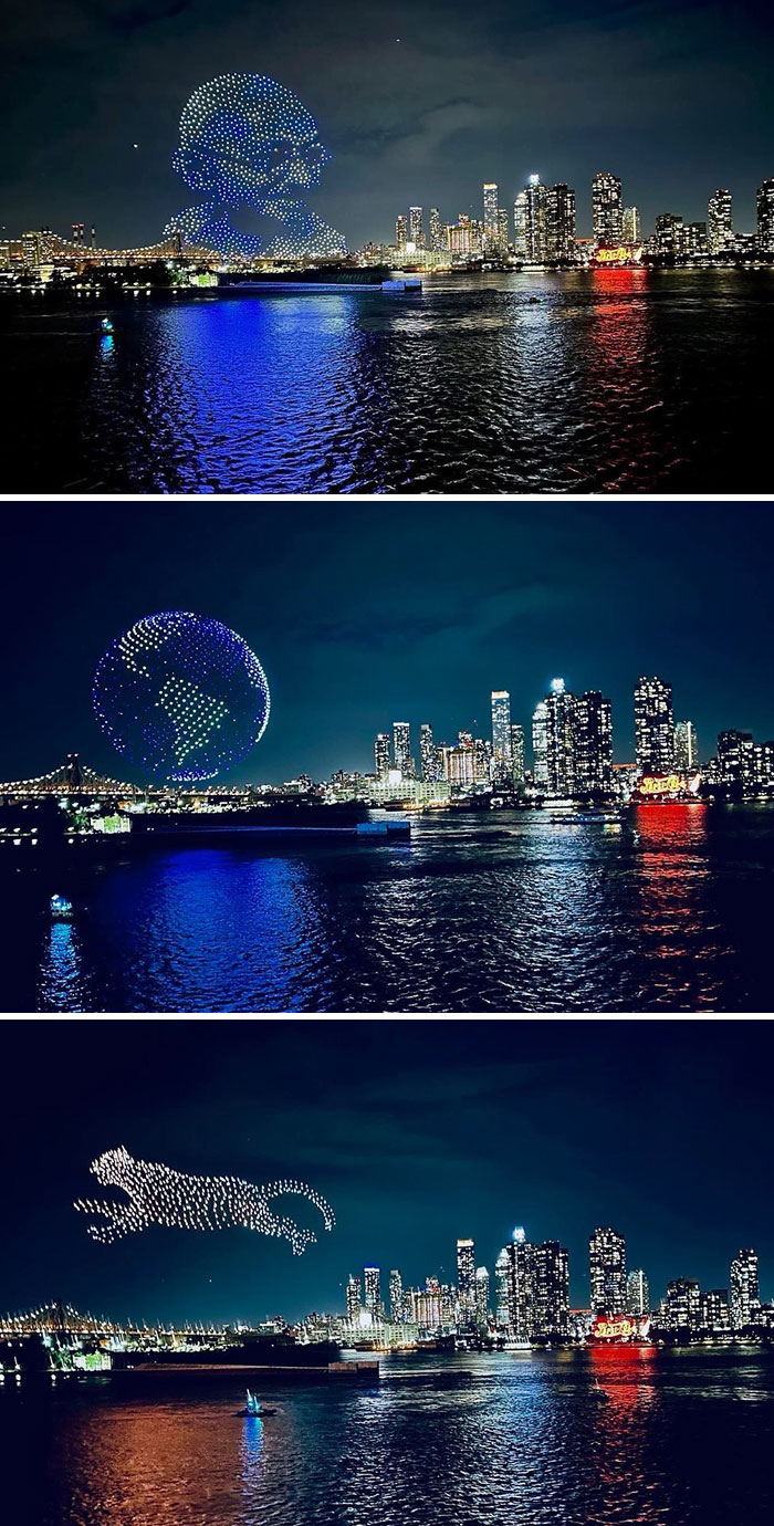 Projecting Change - New York Drone Show Drone Show With 1000 Drones Above The Un Building In New York, Us