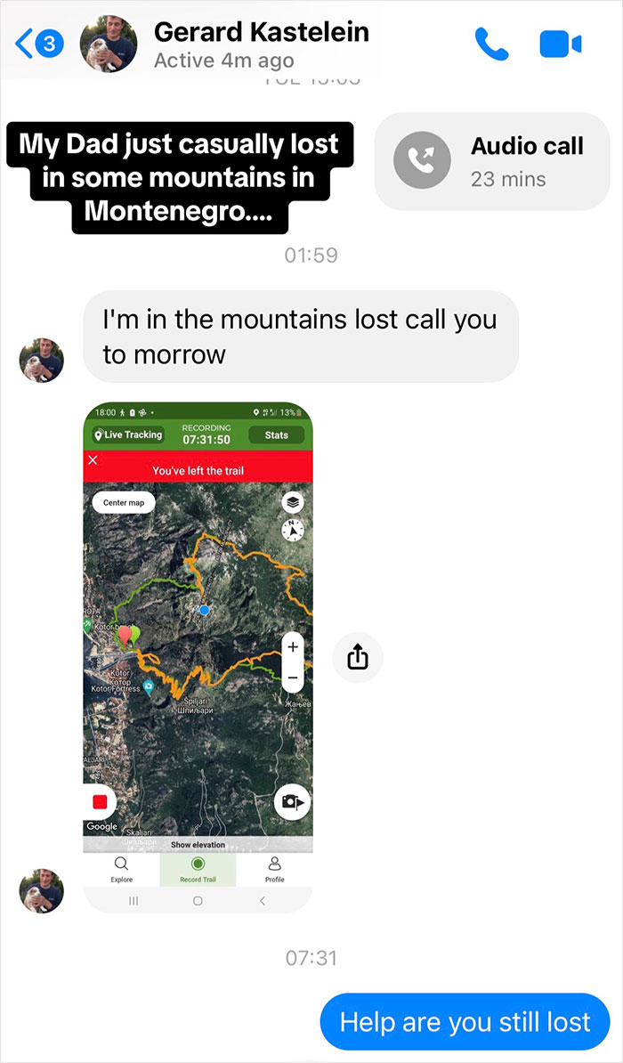 Daughter Worries About Dad Lost In The Mountains, He Sends An Epic Reply While Waiting For Daylight