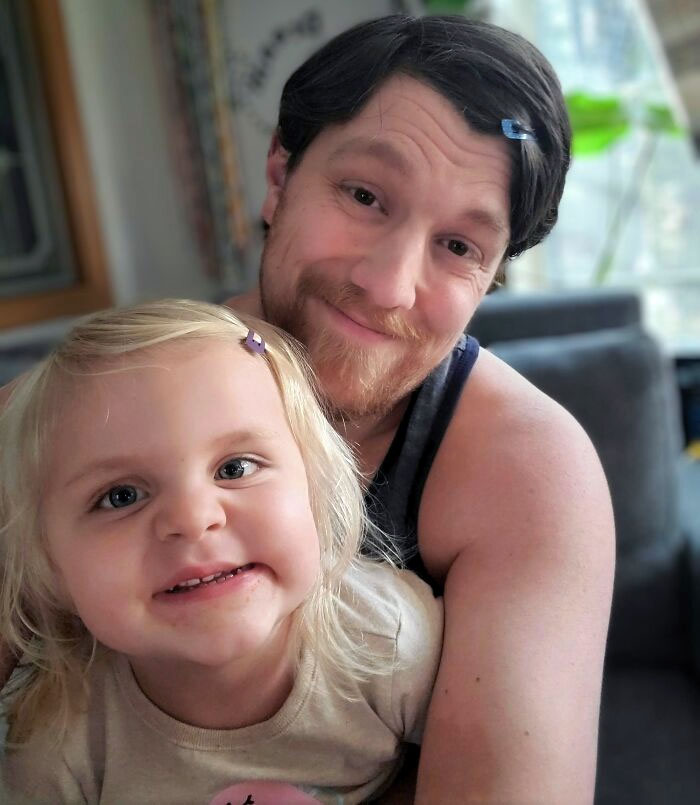 My Daughter Has An Irrational Fear Of Hair Clips, But She Said She Wouldn't Be Scared If I Did It First. So Here We Are