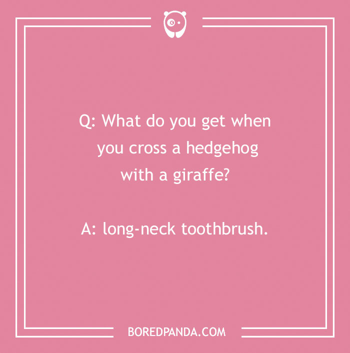 Dental joke on a pink background asking about crossing a hedgehog with a giraffe, answer is long-neck toothbrush.