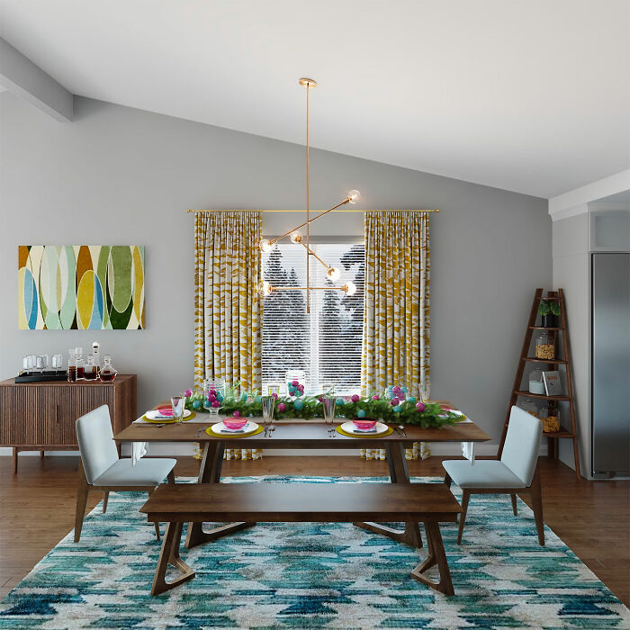 Dining room with wooden table, bench, white chairs, and colorful decor showcasing inspiring dining room ideas.
