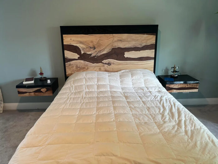 Bed with wooden headboard