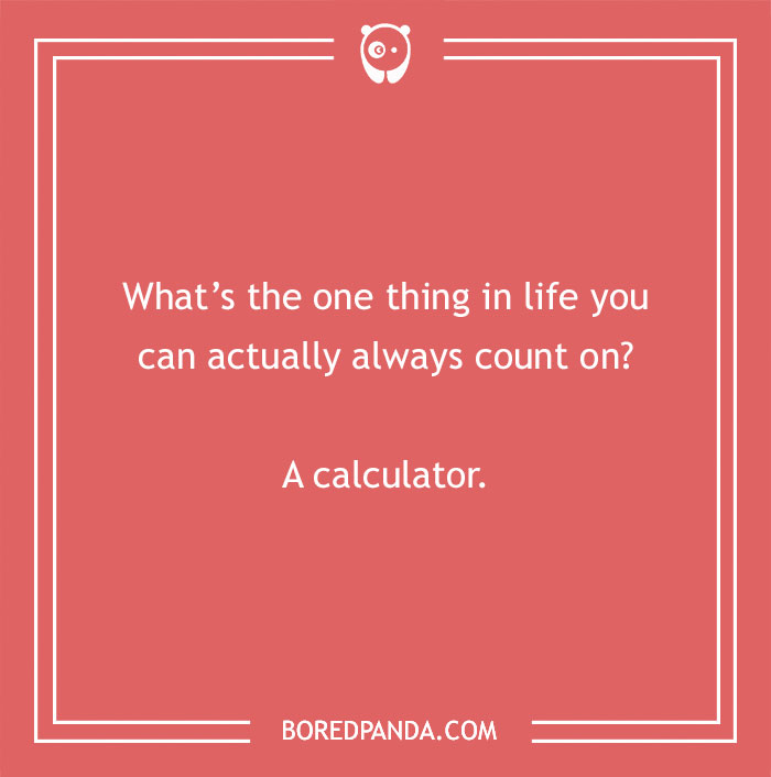 Dry humor joke on a red background with white text about counting on a calculator, highlighting dry humor jokes.