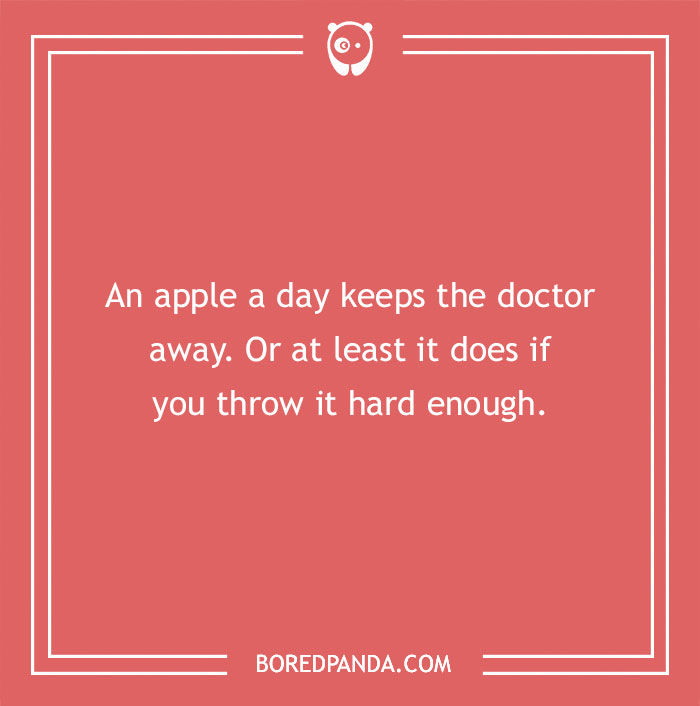 Dry humor joke on a red background with a witty twist about an apple keeping the doctor away.