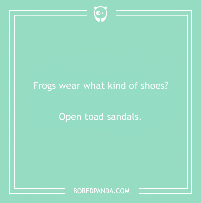 Dry humor joke about frogs wearing open toad sandals, showcasing simple and witty dry humor jokes.