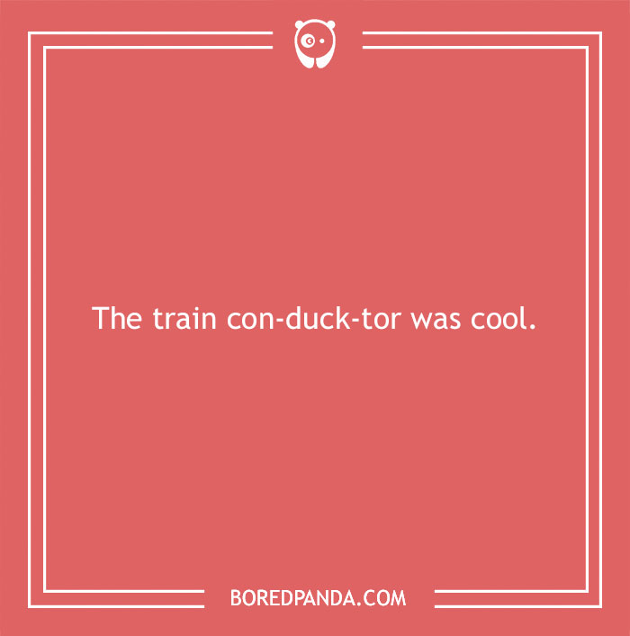 Duck pun on pink background with white text: "The train con-duck-tor was cool."