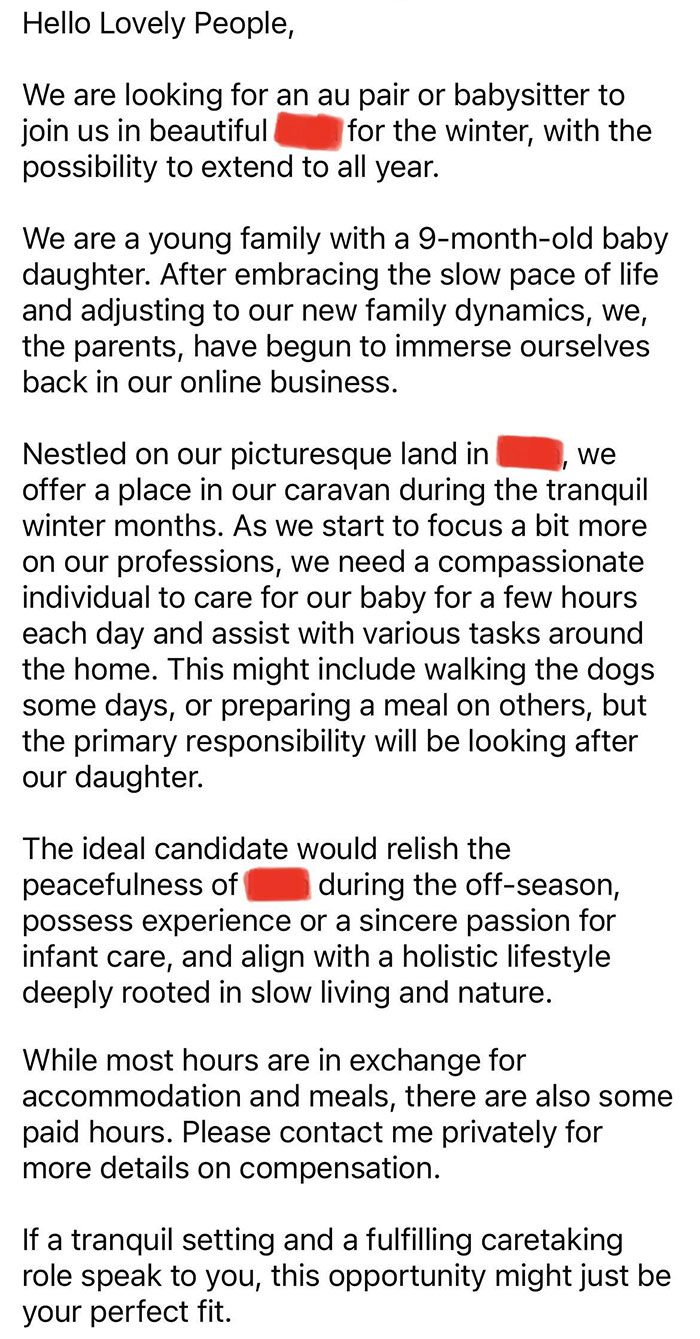 Look After My Child, Cook Meals, And Walk The Dog In Exchange For Living In A Frozen Caravan With Us