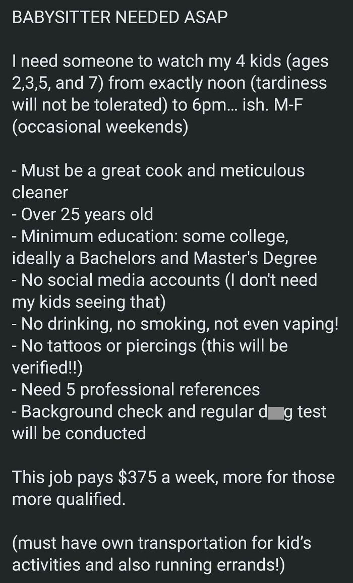 Babysit 4 Kids 30+ Hours A Week For $375