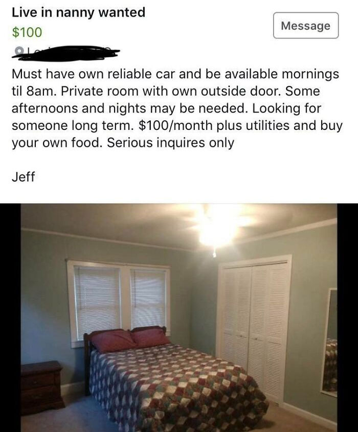 Person On Facebook Marketplace Asking For A Live-In Babysitter And $100 In Rent, Not Including Utilities Or Food