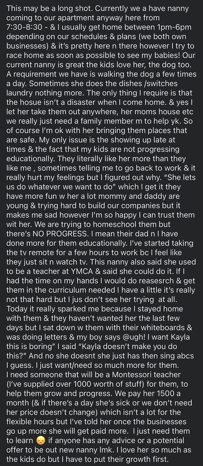 $1500/Month To Be A Full-Time Teacher, Nanny, And Maid