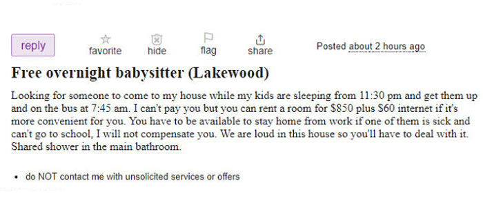 Watch My Kids Overnight For Free And Also Have The Pleasure Of Renting An Overpriced Room In A Super Loud House. How On Earth Can This Person Post This Thinking They'll Get Any Takers?