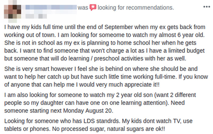 My Cousin, Asking For 2 Babysitters With Tutoring For Cheap/Free. Special Diet And Religious Requirements Too